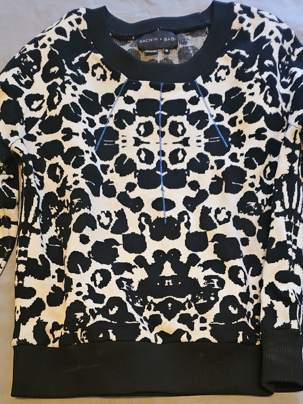 Sachin + Babi Black and Cream Leopard Jacquard Sweater  Cotton Stretchy